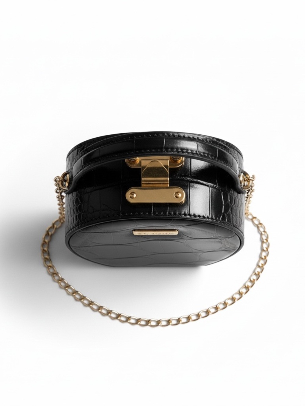 St. John Black Croc-Embossed Round Top-Handle Mini Bag with Gold Chain - Picture 3 of 8